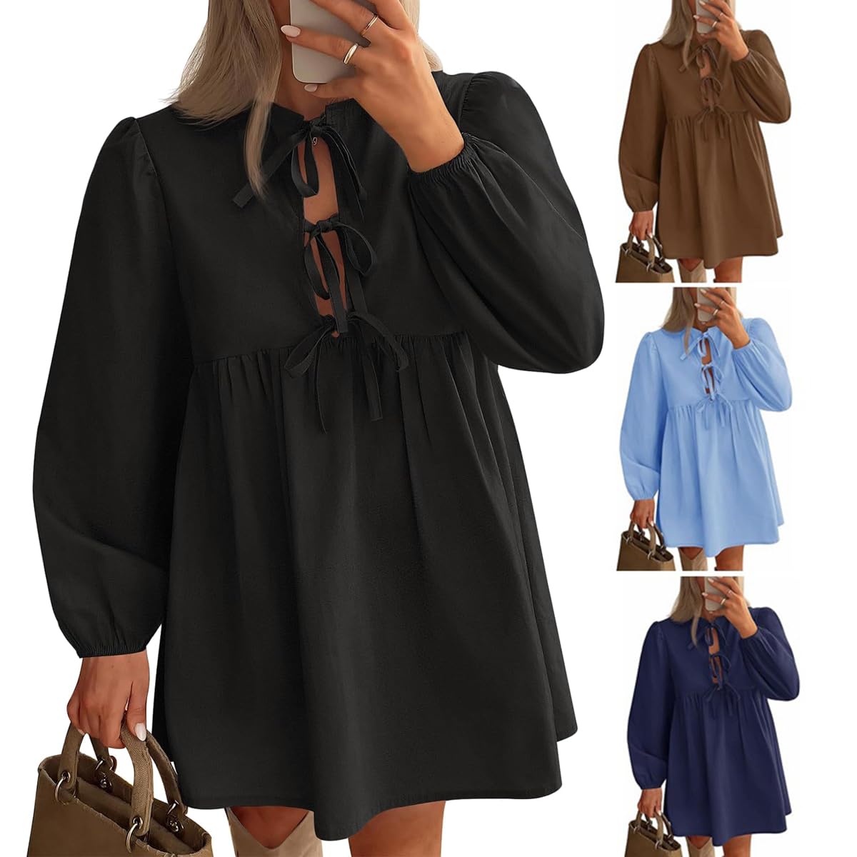 Robe Mini péplum à Manches Longues Bouffantes et nœud Papillon sur Le Devant pour Femme, Robes d'automne,Robe Courte à Volants en Ligne A, Robe Tunique Fluide Mignonne (Black,L)