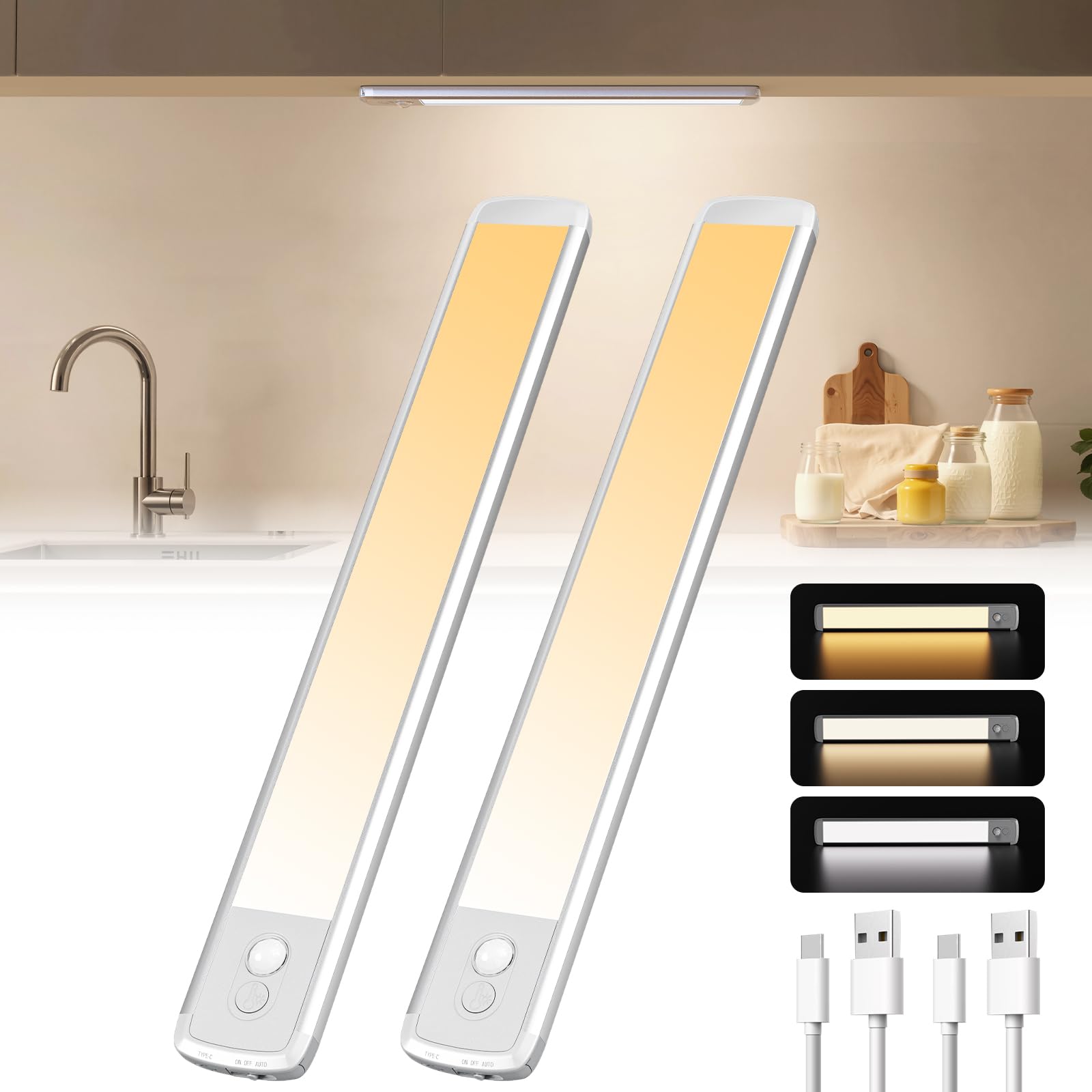 TANSOOL+ Under Cabinet Kitchen Lights, 3 Color Temperature Stepless Dimming Motion Sensor Lights Indoor