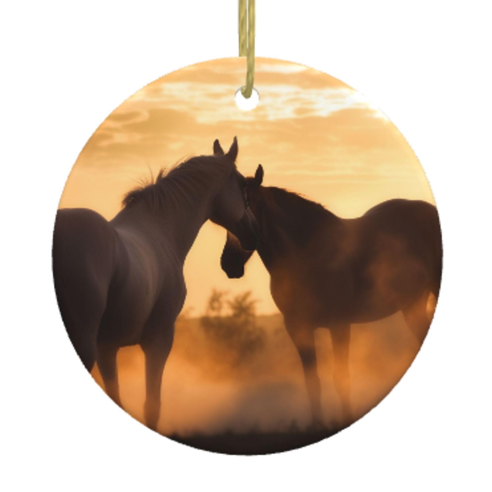 Ceramic Christmas Tree Hanging Ornaments with Gold Ropes Christmas Tree Decorations Round Ceramic Horses in Love Pendant Keepsake Decorations for Holiday Xmas Gift Ideas