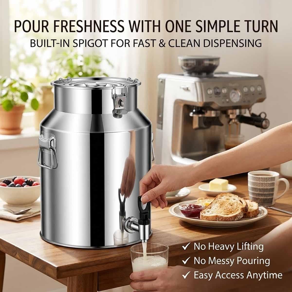 Bidon INOX Avec Robinet,Pot À Lait En Acier Inoxydable 5/8/11/28 /88/100L | Couvercle Hermétique Pour Stockage Huile D'Olive Et Eau, Seau Alimentaire Cuisine(With faucet,28L)