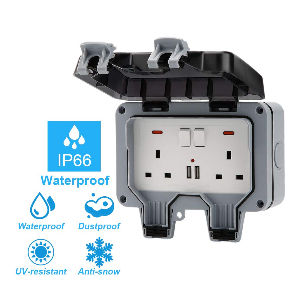 Presa Elettrica Doppia Da Esterno IP66 Con 4 Porte USB - Impermeabile E Resistente Per Giardino, Bagno E Cucina - Alimentazione A Muro Con Protezione