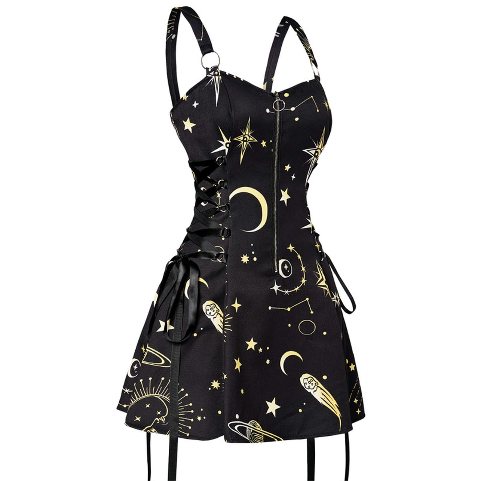 Mini Robe à Lacets imprimé Soleil céleste et Lune, débardeur Gothique d'été à col carré pour Femmes, Noir 9801-XL