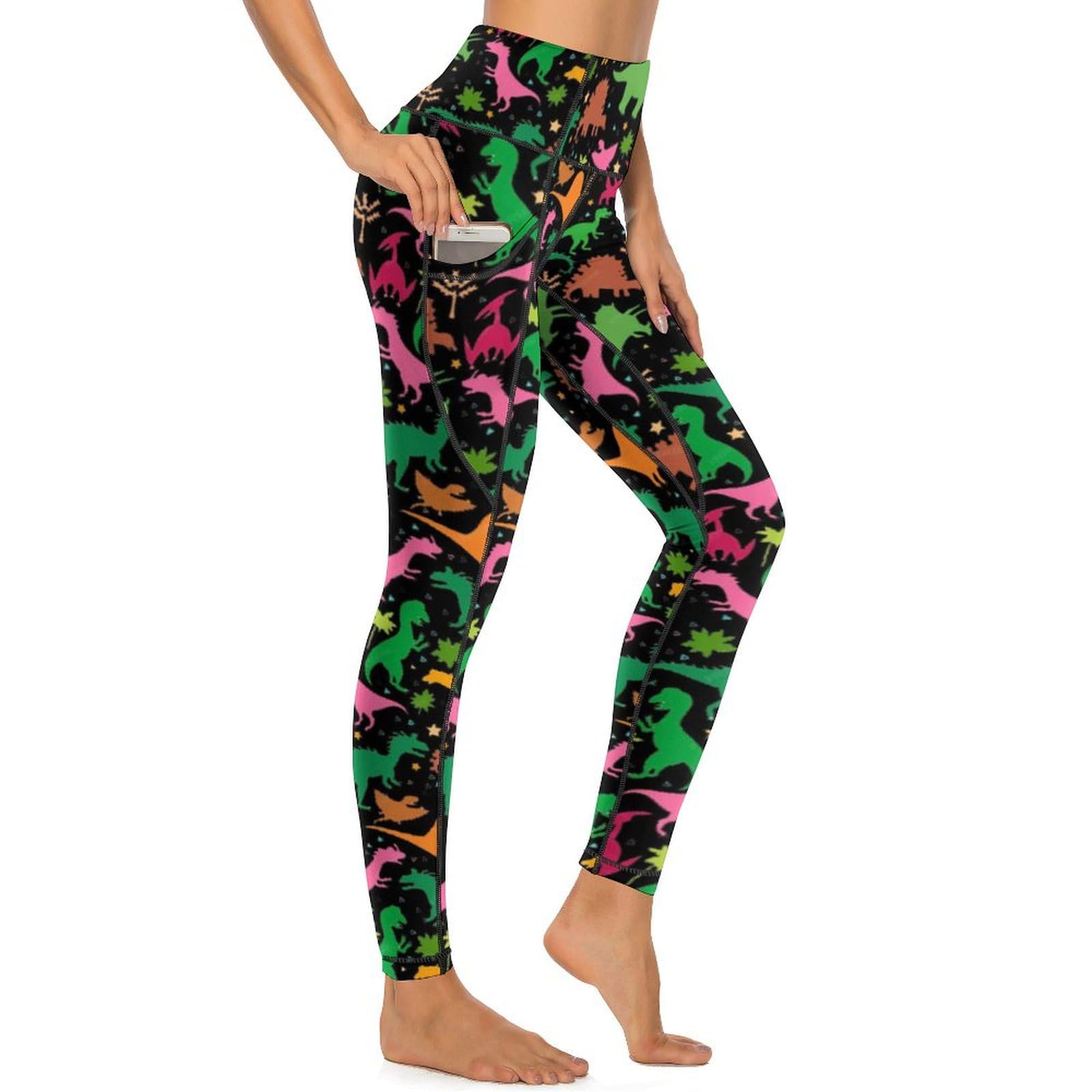 Msokazzles Women's Cute Dinosa High Waisted Exercise Yoga Pants For Running Sports Workout Yoga Leggings With Pockets, Xl