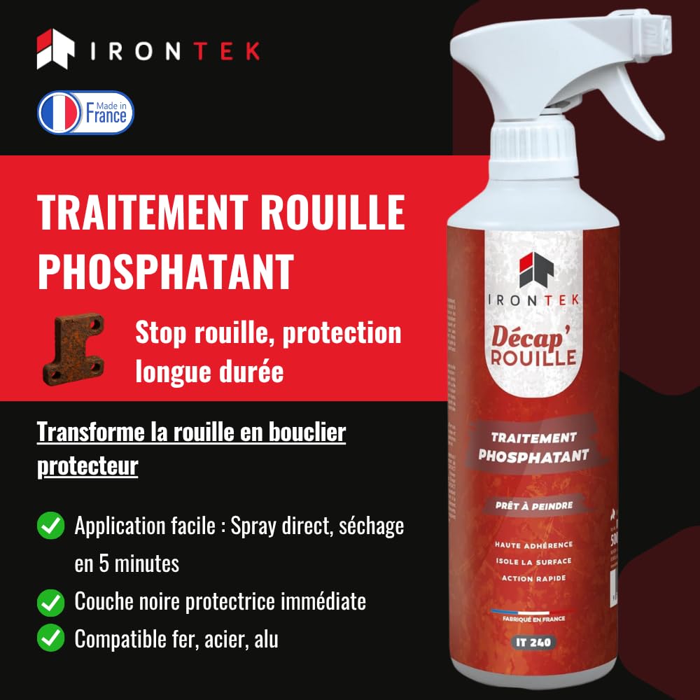 Anti-Rouille Phosphatant 500ml - IRONTEK | IT240 | Spray Stop-Rouille Action Rapide | Convertisseur Rouille Métal | Séchage Rapide 2-3min | Recouvrable Peinture | Intérieur et Extérieur
