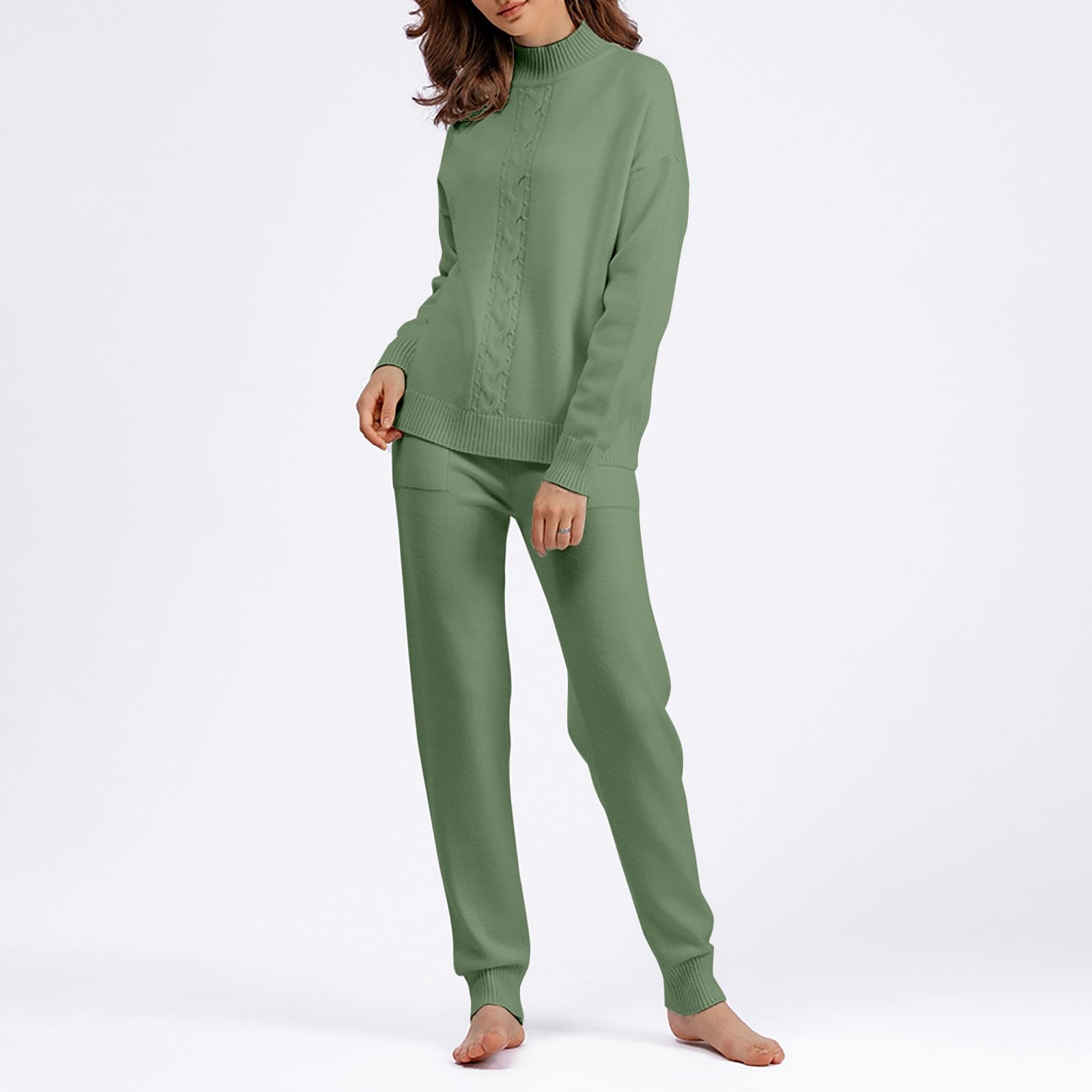 Conjunto de pijama de invierno cálido para mujer, Pijamas de color liso, alto cuello alto, salón, suave, cómodo, pantalones delgados, ropa de dormir informal, grande, pijamas de algodón y manga larga