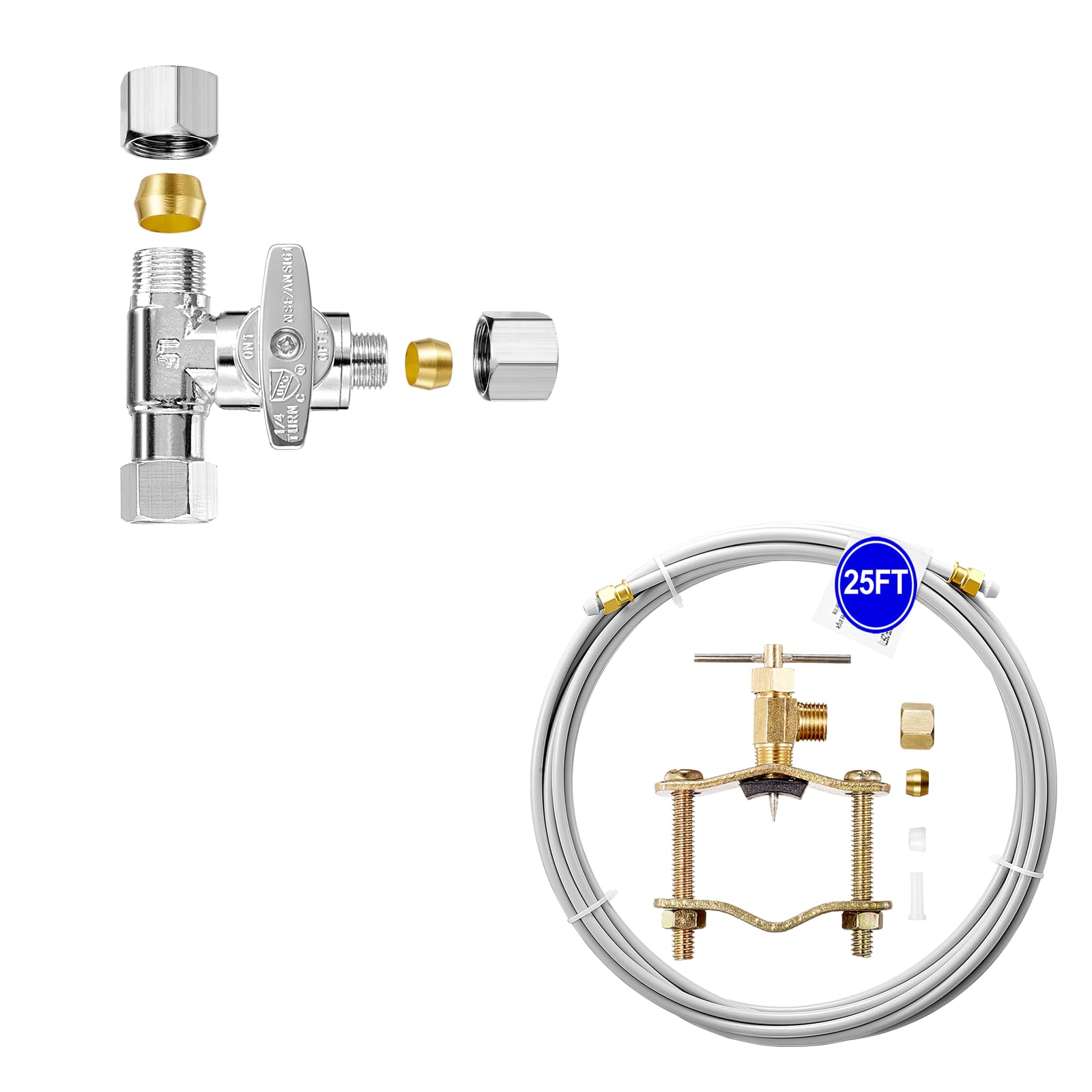 PEX Refrigerator Water Line Kit - 25FT Ice Maker Tubing with Self Piercing Saddle Valve + Tee Stop Valve，Flexible Hose with 1/4" Compression Fittings for Potable Drinking Water