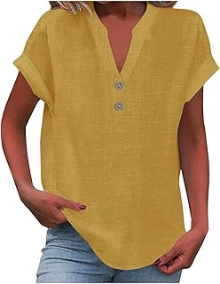 Camiseta de manga corta para mujer, de algodón, lino, cuello en V, botones, de manga corta, para mujer, amarillo, M