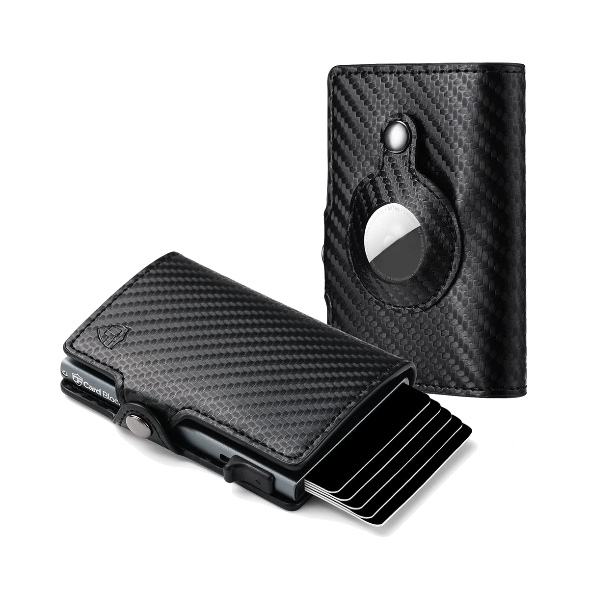 Men's Compact Secure Wallet - RFID Blocking Wallet with Airtag Holder, NFC Blocking, Scan-Proof Card Holder Wallet for Men (Carbon Style Black & Titanium Color - Does Not Include Air Tags)