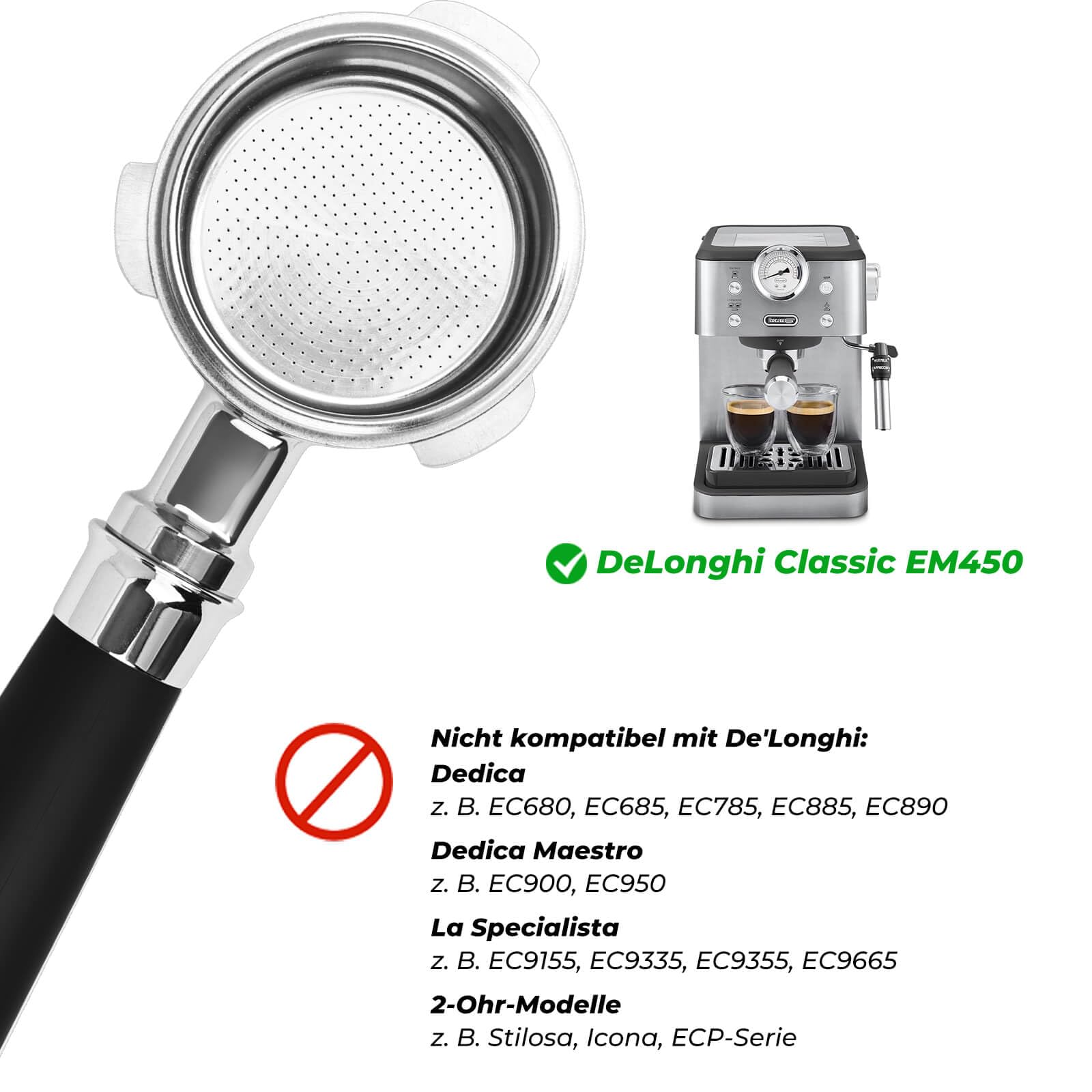 51mm Bodenloser Siebträger 3 Ohren Passend für DeLonghi Classic EM450, inkl. 0,2 mm Puck Screen + 2-Tassen-Sieb