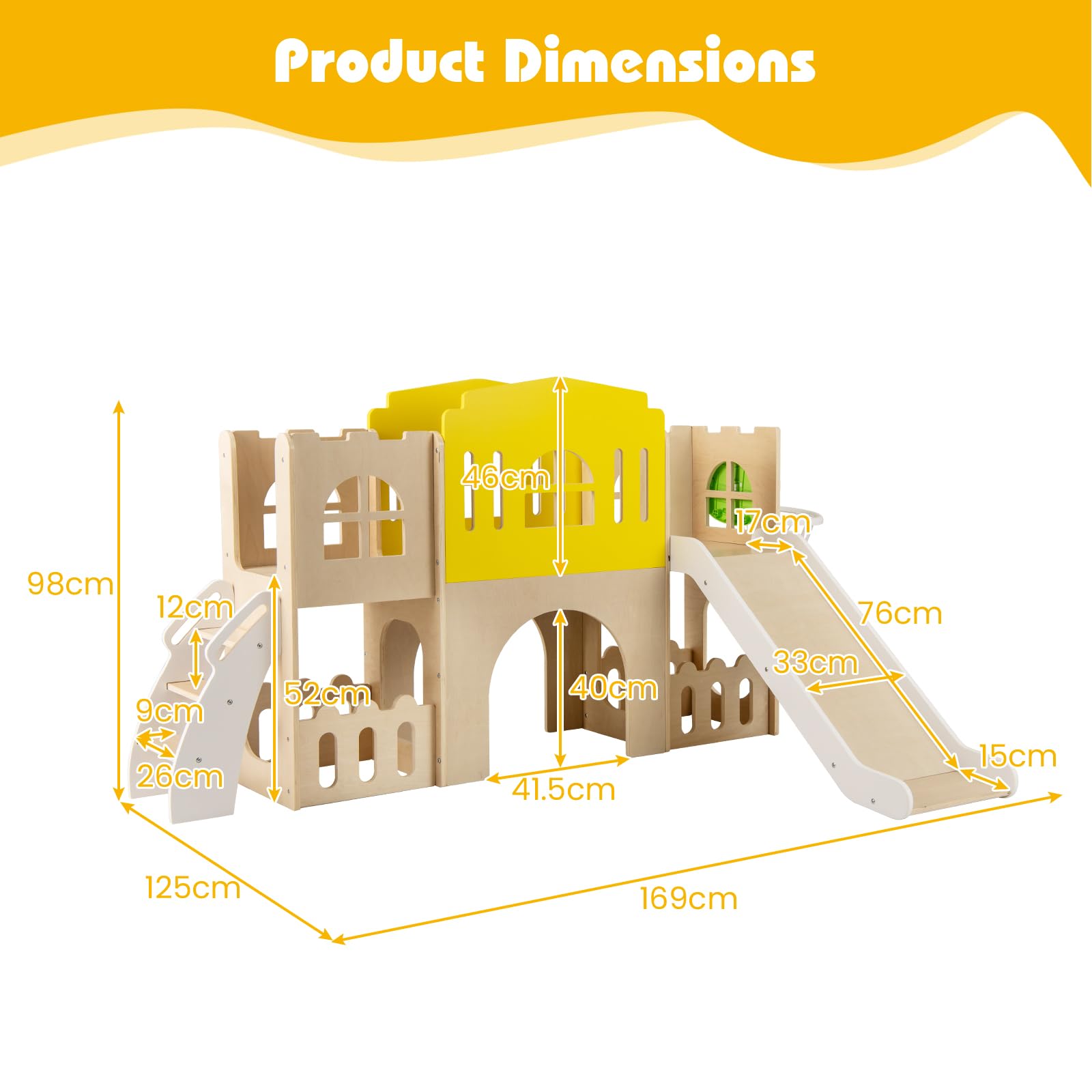 HOMASIS 7 in 1 Kinderrutsche Indoor, Kinder Rutsche mit Basketballkorb | Kletterleiter mit Tunnel Stauraum, Holz Spielplatz im Burgform, Outdoor Babyrutsche Rutschenset für Kinder, 169 x 125 x 98 cm