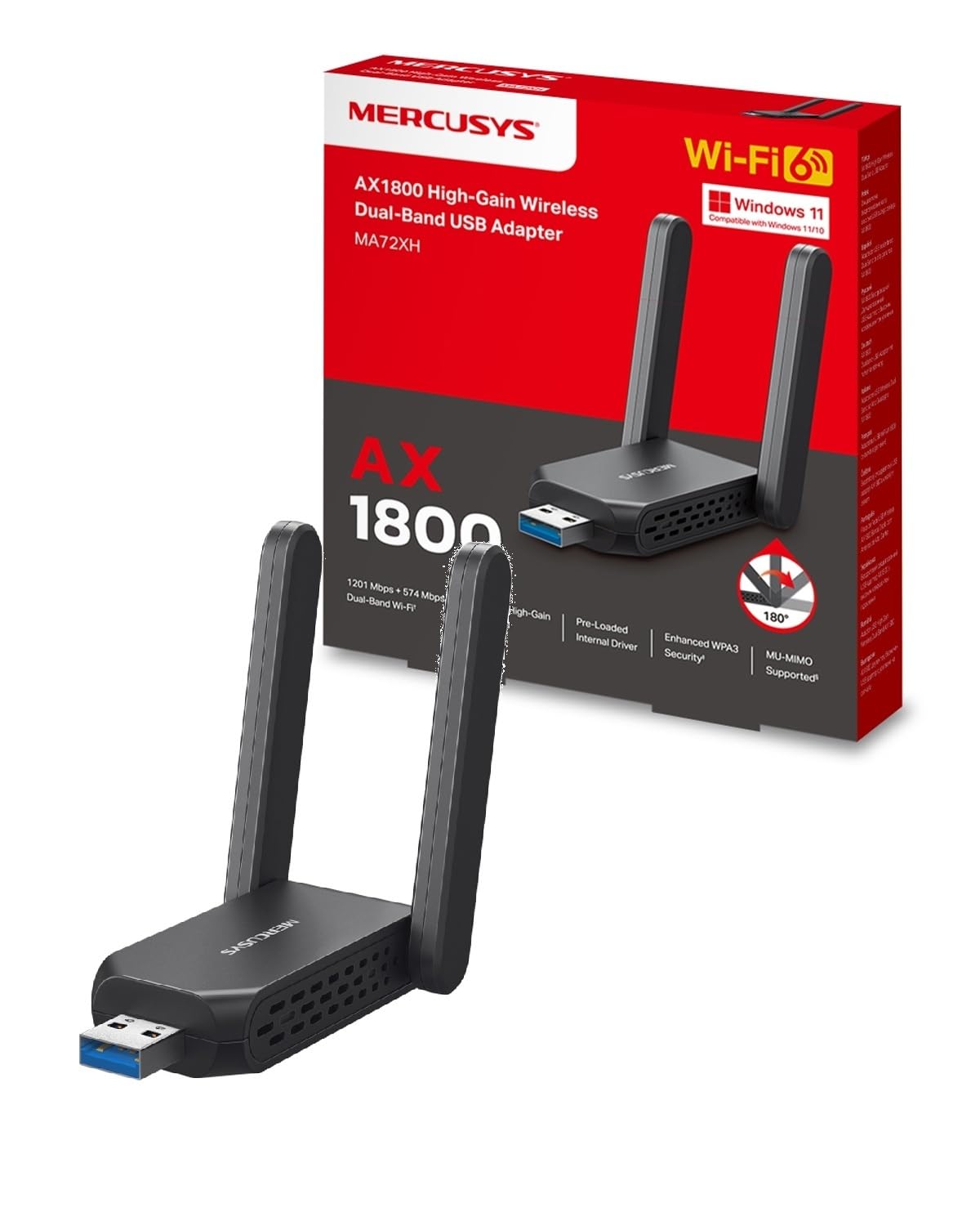 Mercusys MA72XH Clé USB WiFi 6 AX1800, Double Bande 5 GHz/2,4 GHz, Port USB 3.0, Adaptateur sans Fil Haut Débit pour PC, Compatible Windows 11/10