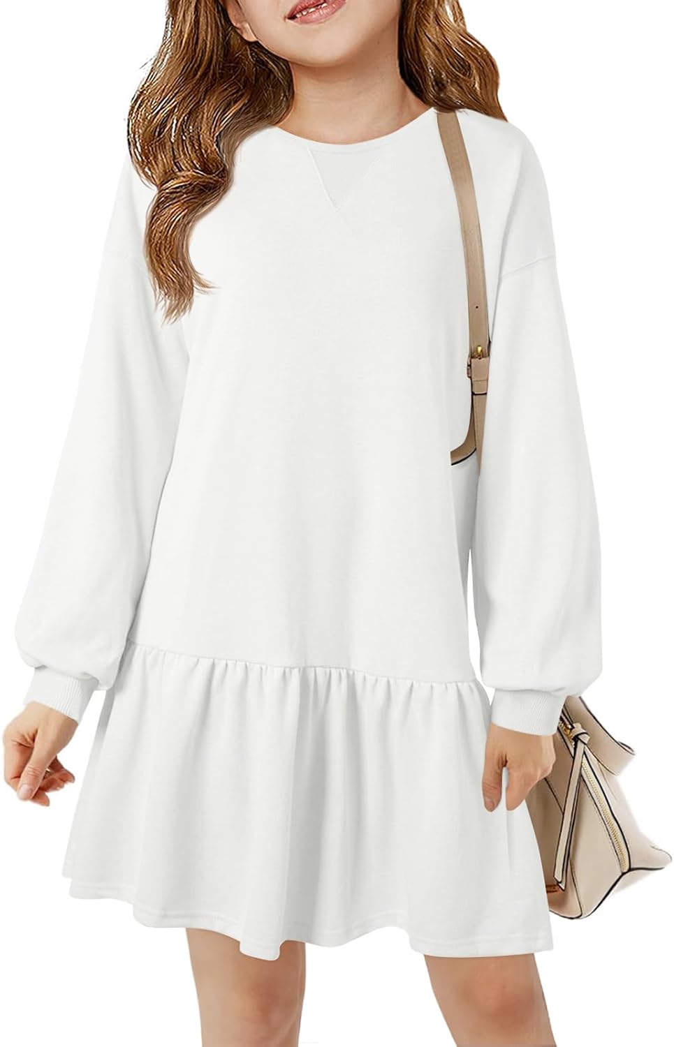 Haloumoning Girls Long Sleeve Dresses Sweatshirt Dress Kids Casual Crewneck Rib Knit Mini Dress 5-14 Years