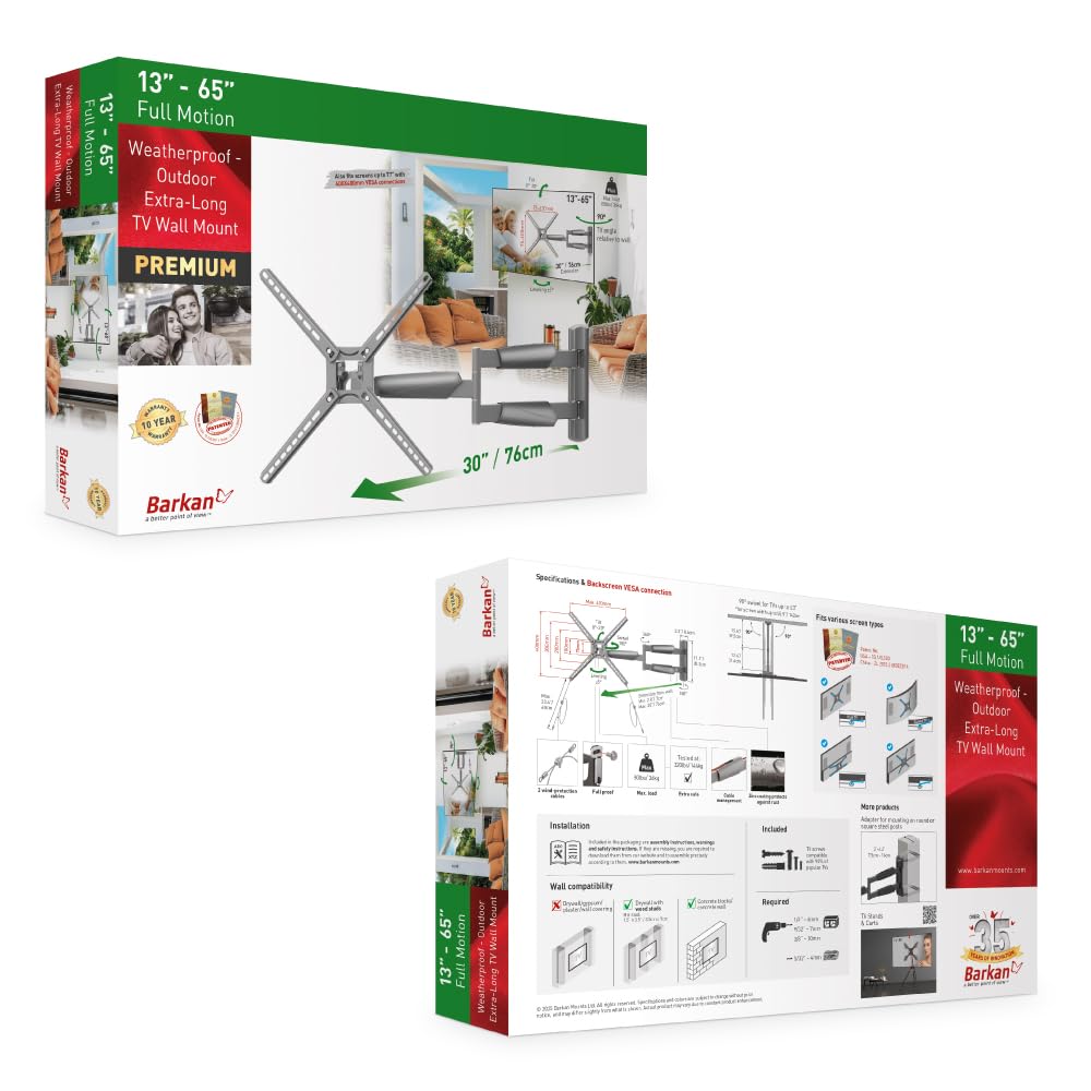 Barkan Support Mural pour TV de 30 cm de Long pour tonnelle, 13 à 65 Pouces, Mouvement Complet – 4 mouvements, Support d'écran Plat/incurvé, Peut Supporter jusqu'à 36,3 kg, extrêmement Extensible