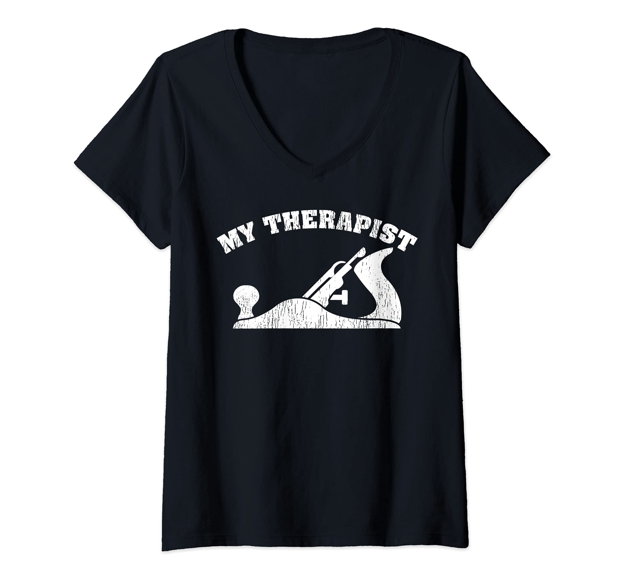 Womens My Therapist Hand Planer Woodworking V-Neck T-Shirt, Black