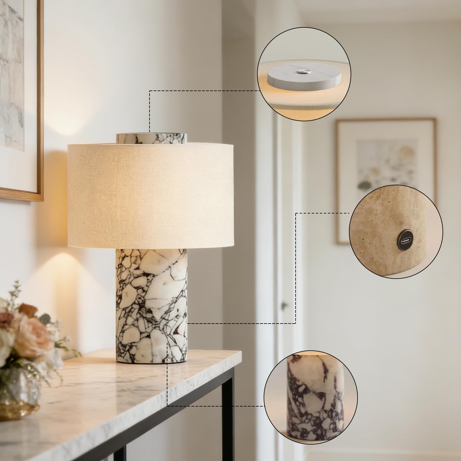 Lampada da tavolo moderna touch control con base in marmo, ricaricabile, decorativa, dimmerabile, design di lusso per camera da letto, ufficio e soggiorno