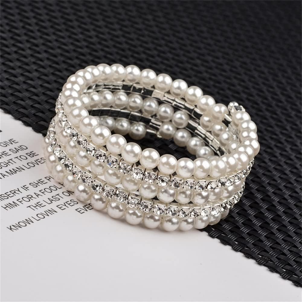 Fuqimanman2020 Imitation Pearl Rhinestone Wrap Bangle Bracelet Multi Row Pearl Bracelet Stretch Rhinestone Bracelet Wedding Jewelry Accessories for Women - Image 3