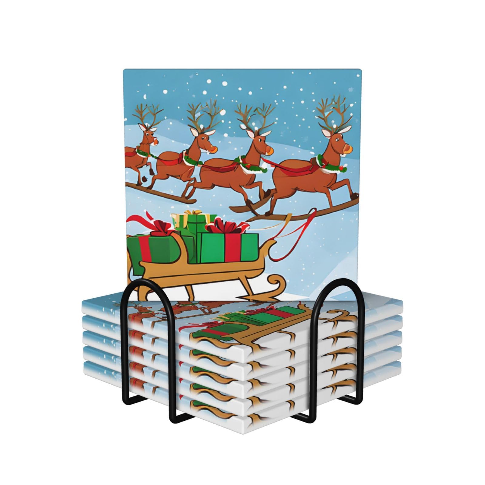 Dessous de verre en céramique avec support lot de 6 carrés cerf de Noël pour table et bar raffiné