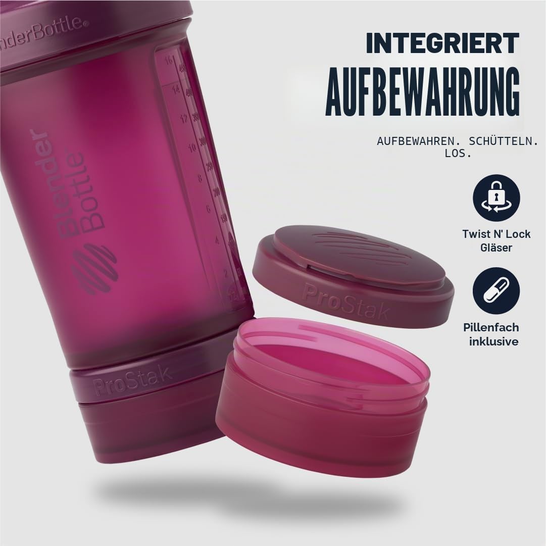 BlenderBottle ProStak PRO - Full Color , Shaker-Flasche mit Tablettenorganizer und Aufbewahrung für Proteinpulver, ProStak System, 625 ml, Plum