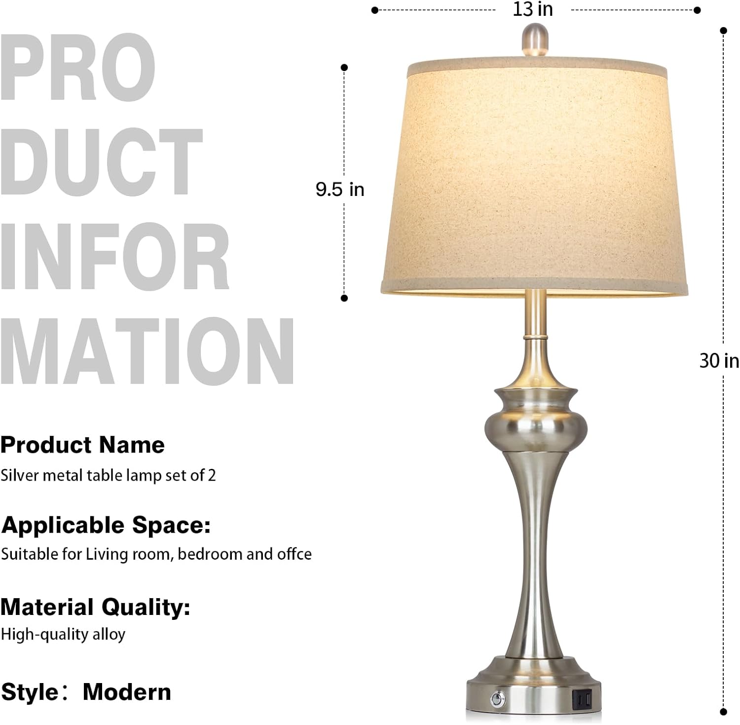 30" Silver Table Lamps Set of 2, 3 Way Touch Control Living Room Lamp with USB A+C Ports, Modern Brushed Nickel Bedroom Lamps, Tall Metal Bedside Lamp for Nightstand Desk Side Table Office