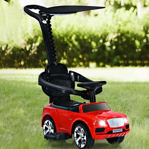 Bentley - Cochecito de juguete para niños pequeños con asa de empuje, caminante deslizante de pie a piso con toldo extraíble, música, bocina,