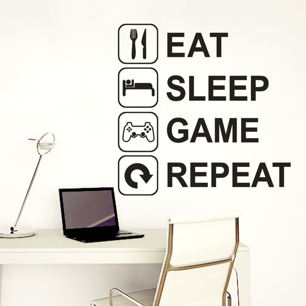 Adesivo Murale Per Cameretta – Eat Sleep Game Repeat, 46x55 Cm, Vinile Nero Opaco Per Giocatori