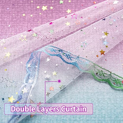 Image of 2-in-1 Double-Layer Kids & Girls Unicorn Princess Ombre Blackout Curtains with Foil Print Sheer, 2 Panels Set for Bedroom, Nursery, Living Room - Purple Blue Pink, 34W x 63L