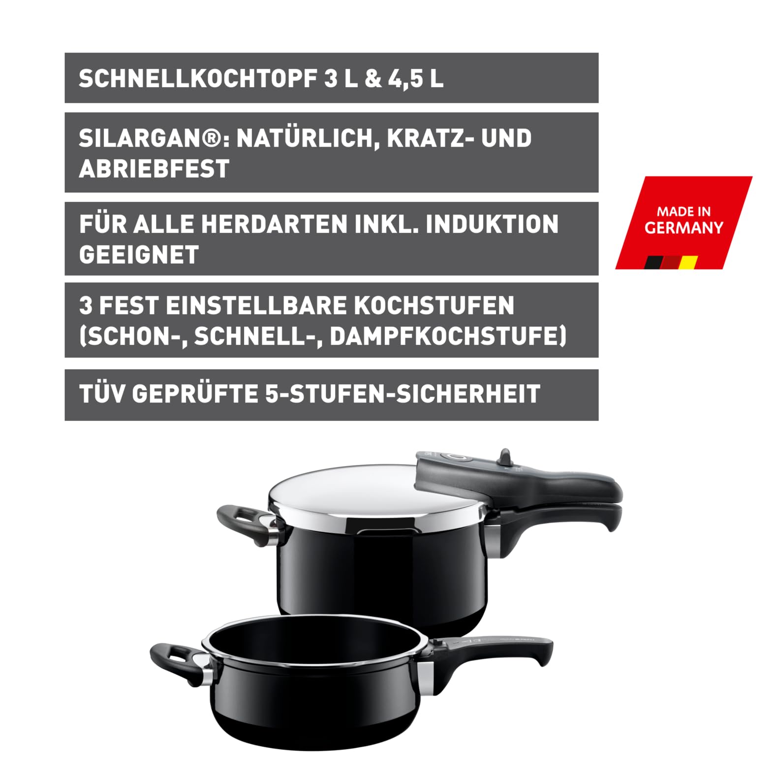 Silit Sicomatic t-plus Schnellkochtopf Set 2-teilig 4,5l + 3,0l, Schnelltopf 22 cm, Silargan Funktionskeramik, Induktion, 3 Kochstufen, Einhand-Kochstufenregler, schwarz