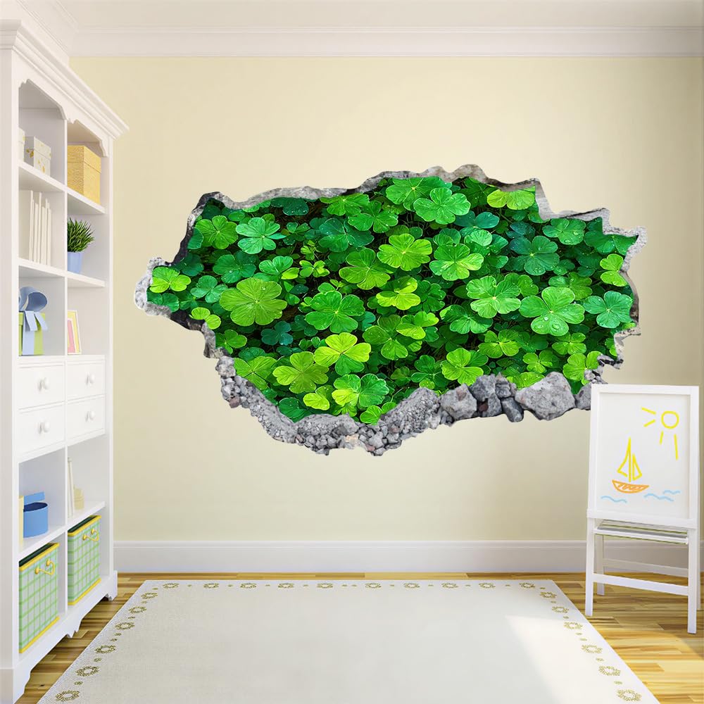 3D Wandtattoo Wanddurchbruch Wandaufkleber, Vierblättriges Kleeblatt Wandsticker Wanddeko Wandbilder, Grünpflanzen Wandaufkleber Für Schlafzimmer Badezimmer Flur Küche Möbel Aufkleber