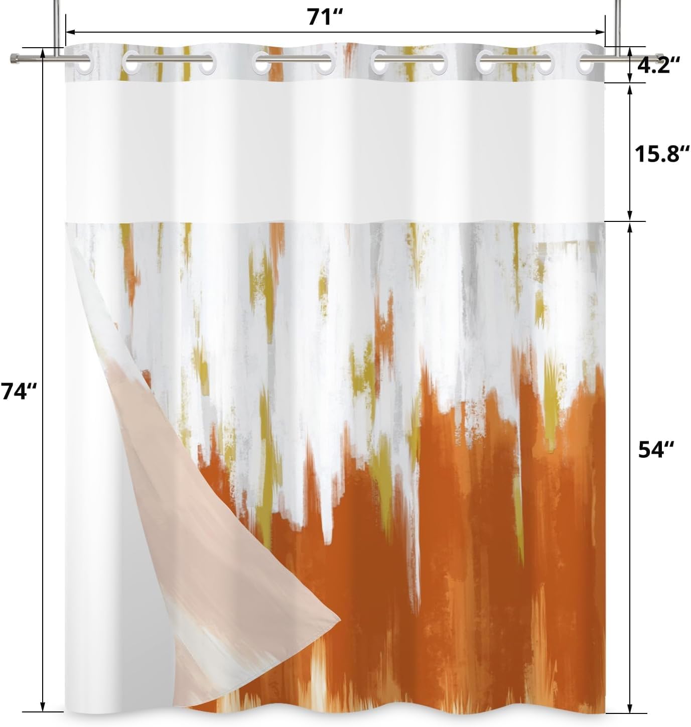 No Hook Shower Curtain with Snap in Liner, Burnt Orange White Gold Brush Strokes Art Hotel Style Modern Shower Curtain Waterpoof Washable with See Through Top Window,71"x74"