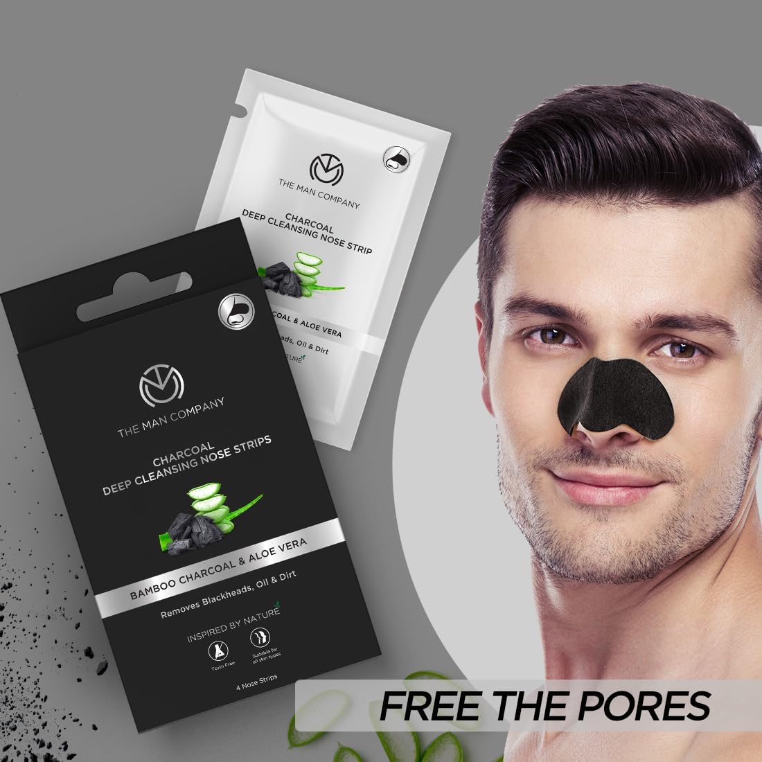 The Man Company Charcoal Nose Strips with Aloevera Extract | Blackhead, Whitehead Remover | Pores Cleanser | Dirt Free | Improves Skin Texture ( 4 Strips)