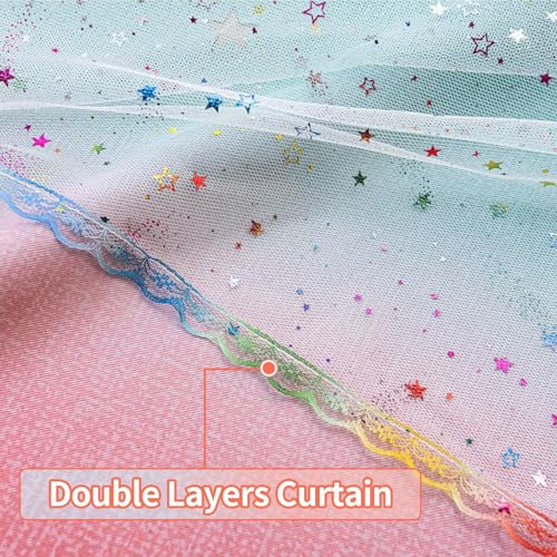Image of 52x95 Mix & Match Double Layer Laser-Cut Stars Gradient Blackout Curtains with Foil Print Sheer, 2 Panels Set - Purple Green Pink