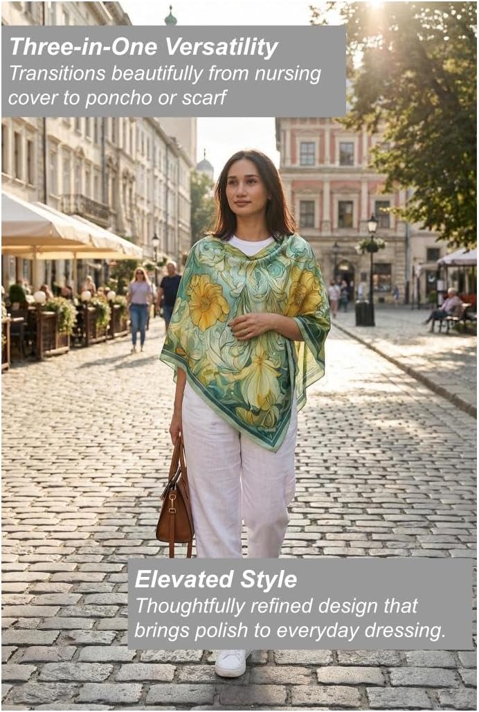 3-in-1 Silk Nursing Cover – 100% Silk Twill Breastfeeding Cover, Baby-Friendly, Converts to Poncho & Scarf – Lightweight, Breathable, Stylish Mom Essential