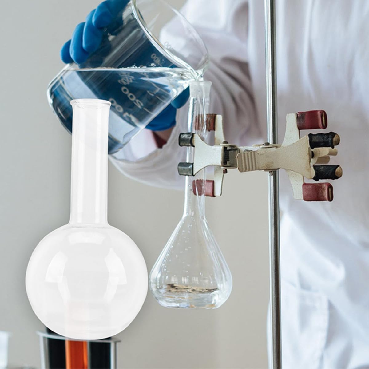 BETOOKY Matraz de Laboratorio de Vidrio Transparente 250 Ml, Conjunto de 2 Matraces de Fondo Redondo Cuello Estrecho, Resistente al Calentamiento para Experimentos Científicos y Pruebas