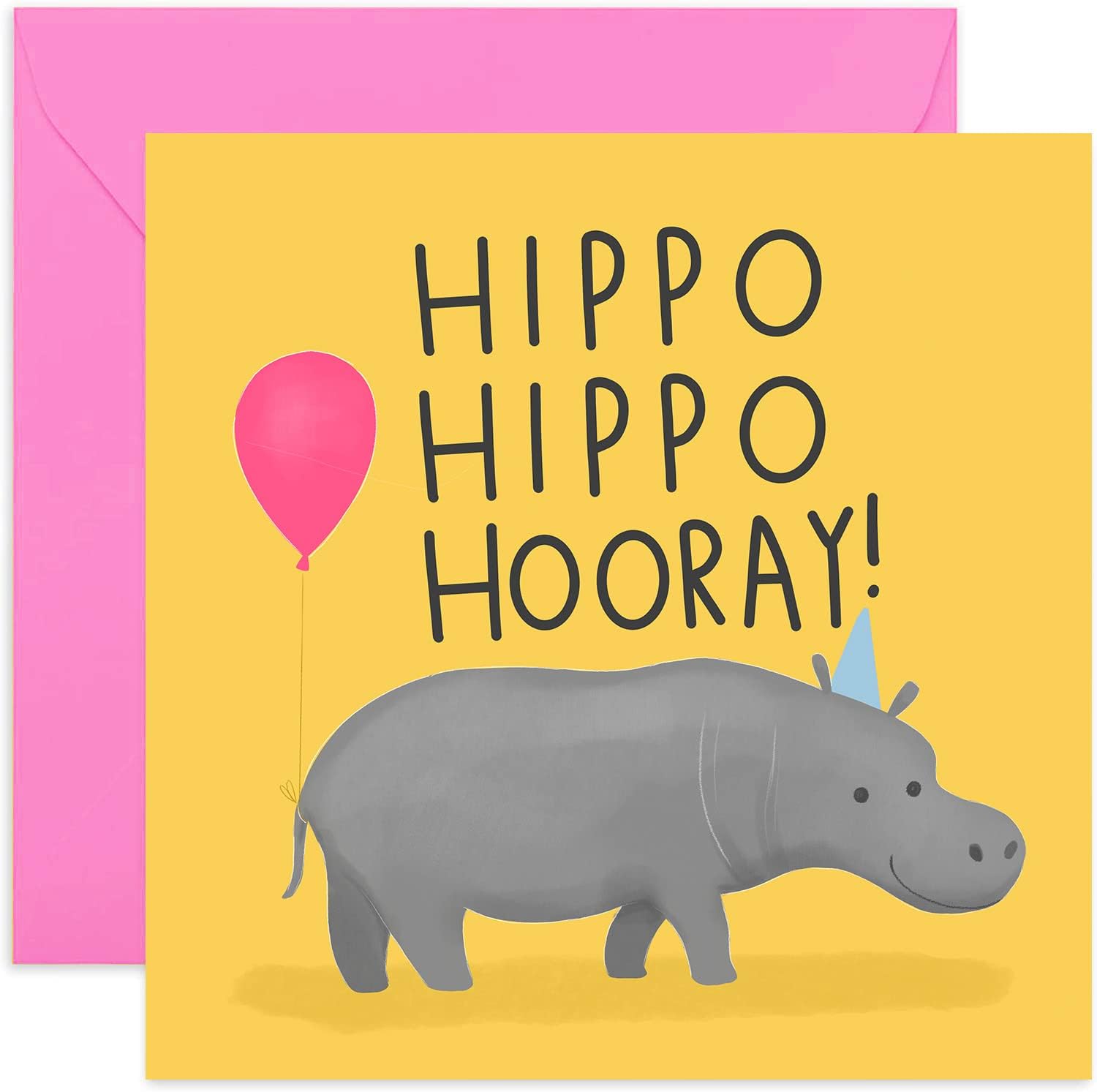 Old English Co. Hippo Hooray Birthday Card for Him or Her - Funny Birthday Card Animal Pun Design | For Brother, Son, Daughter, Sister, Friend | Blank