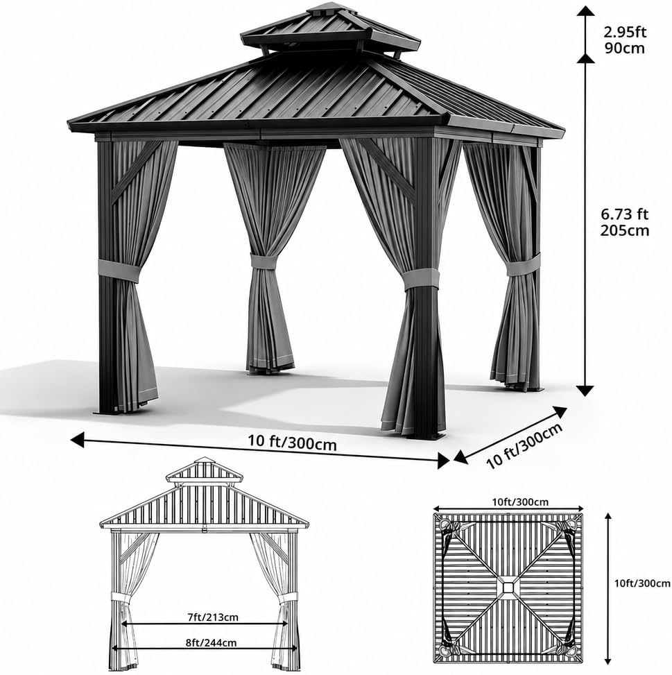 Takywep 10x10 FT Outdoor Hardtop Gazebo, Double Roof Patio Gazebo with Galvanized Steel Roof, Rust-Resistant Aluminum Frame, Drainage System, Curtains and Mesh Netting for Backyard, Deck, and Patio thumbnail