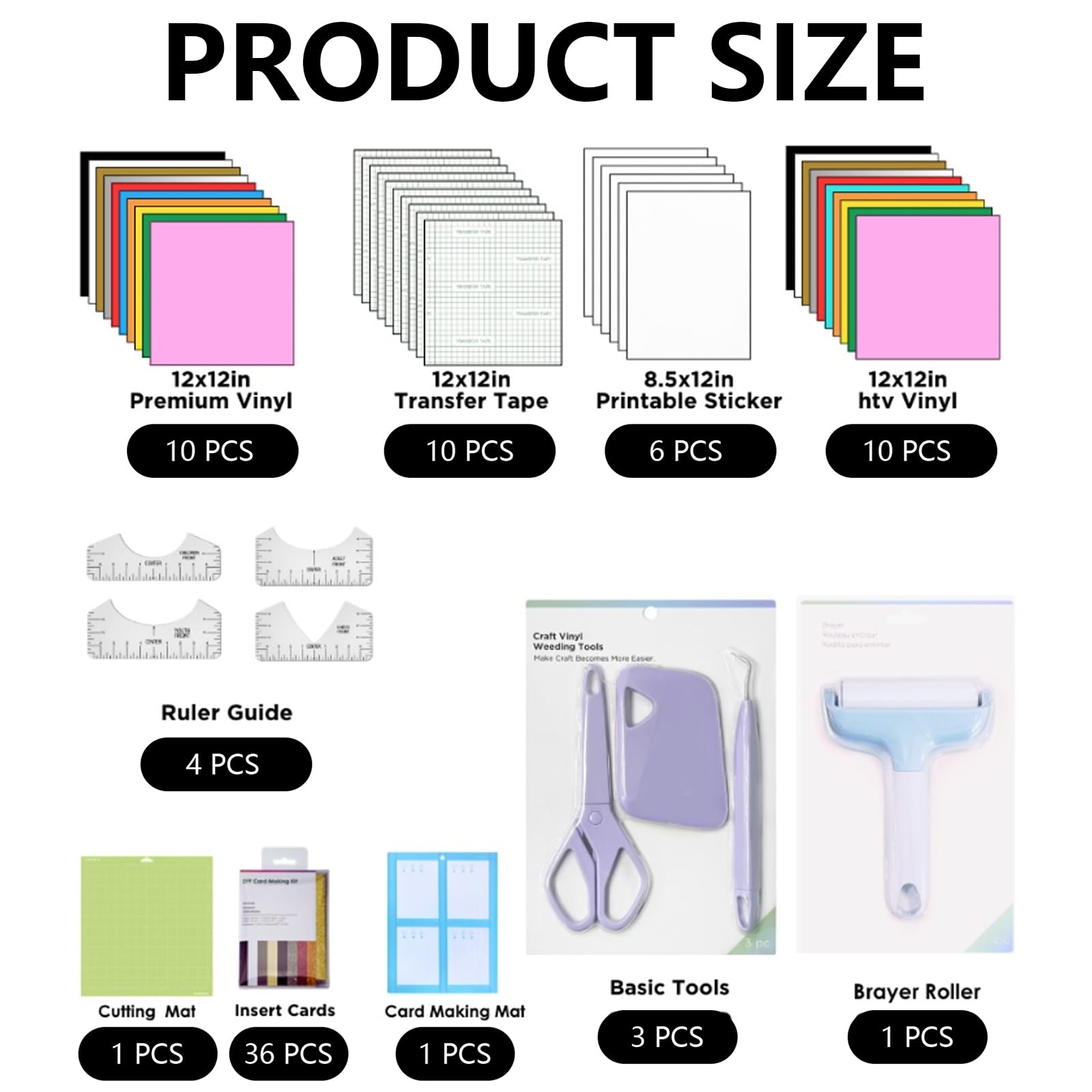 Pacchetto Accessori 82 Pezzi Per Cricut Maker Ed Explore Air (Vinile Adesivo Nastro Di Trasferimento In Vinile Htv Adesivi Stampabili Schede Di Inserimento Righello Tappetino Taglio Rullo Frammento)