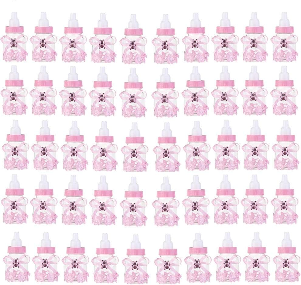 50Pcs Mini Baby Bottles Adorable Baby Shower Box Decor with Ribbon and Bear Candy Box Gifts Birthday Party Favors Festive Decorations, 3.5Inch, Pink