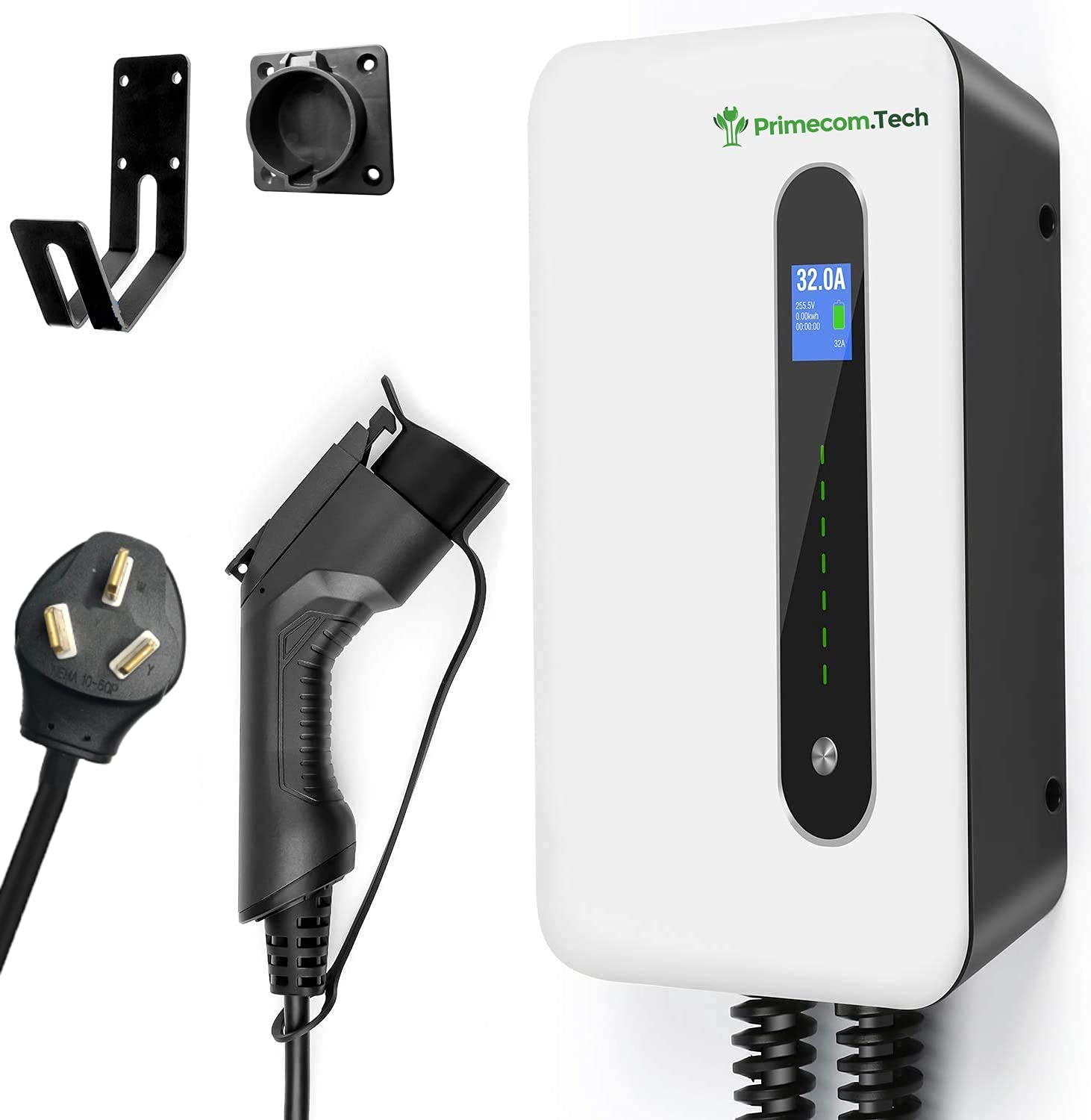 PRIMECOM 40 / 32Amp Smart Electric Vehicle EV Wall Charging Station - Level 2 EVSE- 220/240 Volt- 40/32 Amp Electric Car Charger, Plug-in 30 ft Wall-Charger (40AMP 30FT NEMA 10-50)