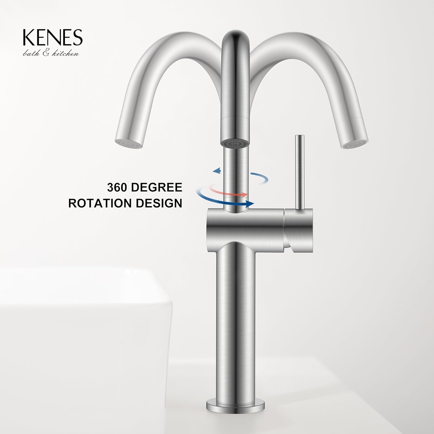 KENES Brushed Nickel Vessel Sink Faucet, Single Handle Tall Bathroom Faucet Single Hole, Modern Bathroom Vanity Faucet with Pop Up Drain and Supply Lines, KE-9005C - Image 8