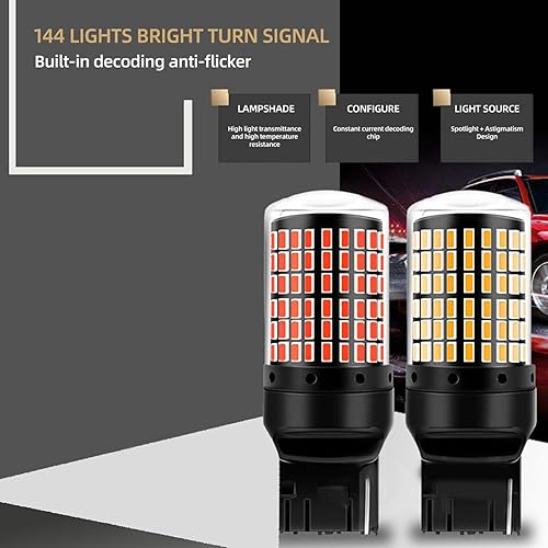 Miniatura 4 de 7440 Bombillas LED intermitentes amarillo ámbar 7441 7440NA T20 W21W WY21W bombilla de señal de giro delantera y trasera con proyector de repuesto