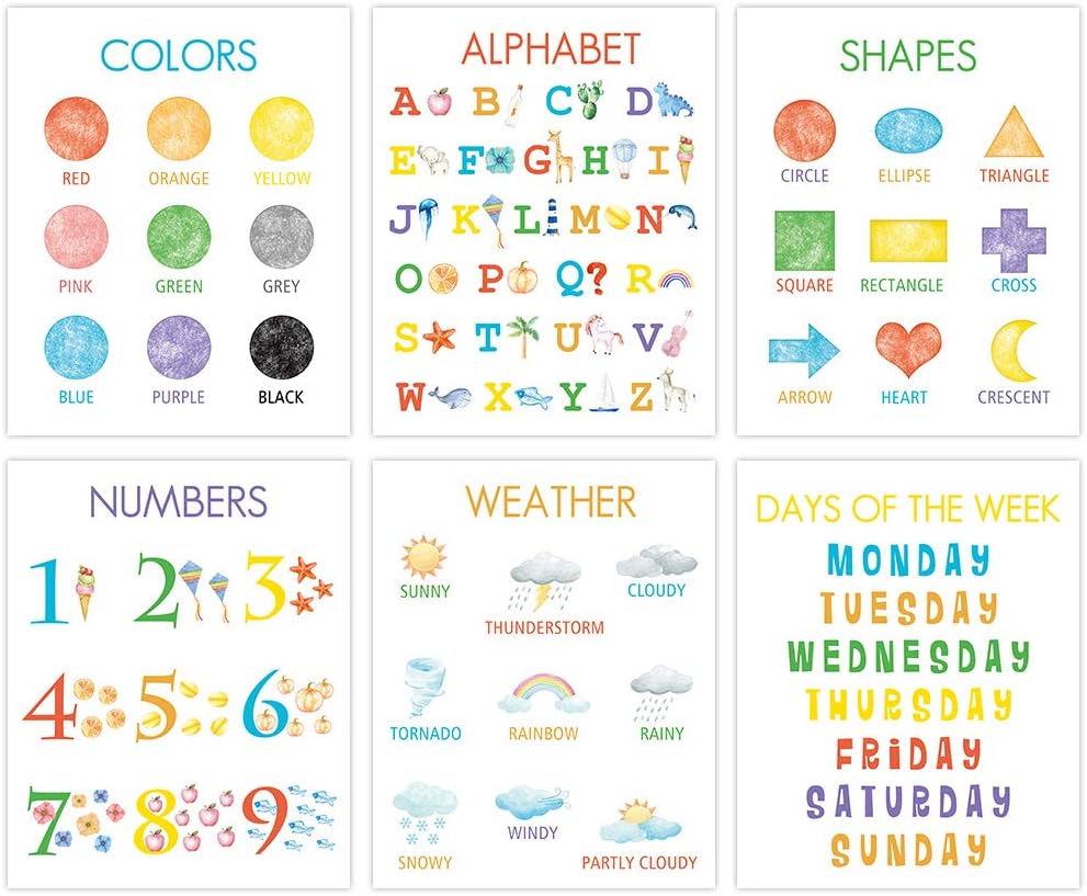 HLNIUCColorful Kid Educational Art Print, Cute Numbers, Alphabet, Weather Wall Art Poster, Set Of 6(8”X10”, Unframed), Watercolor Early Learning Canvas Painting Poster For Classroom, Nursery,