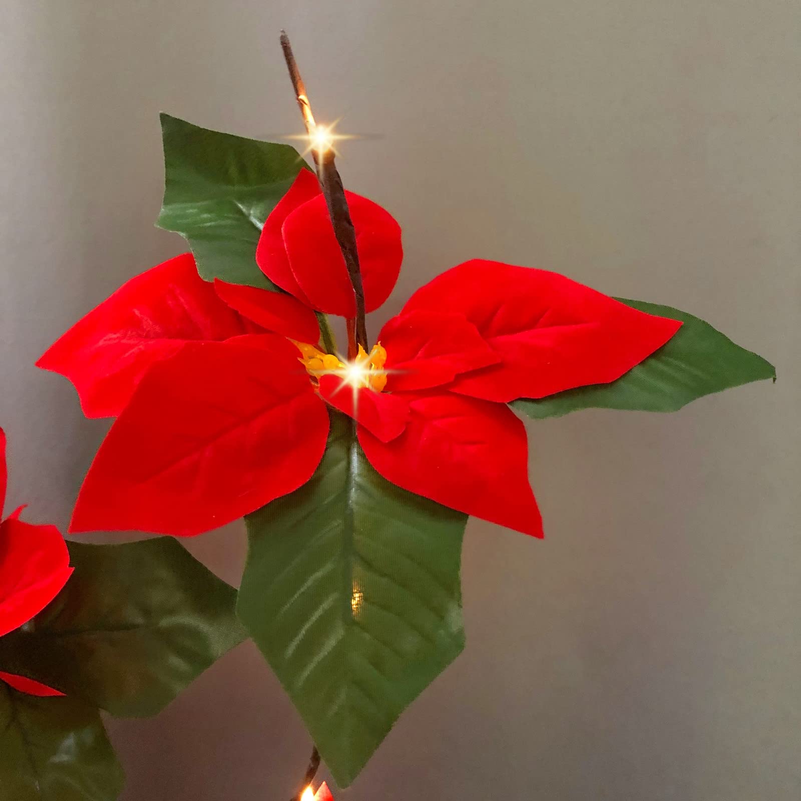 Lot de 2 branches de poinsettia à LED à piles - Branche florale artificielle - Petite brindille - Marron - 76,2 cm - 20 LED pour décoration romantique de la maison (Poinsettia rouge)