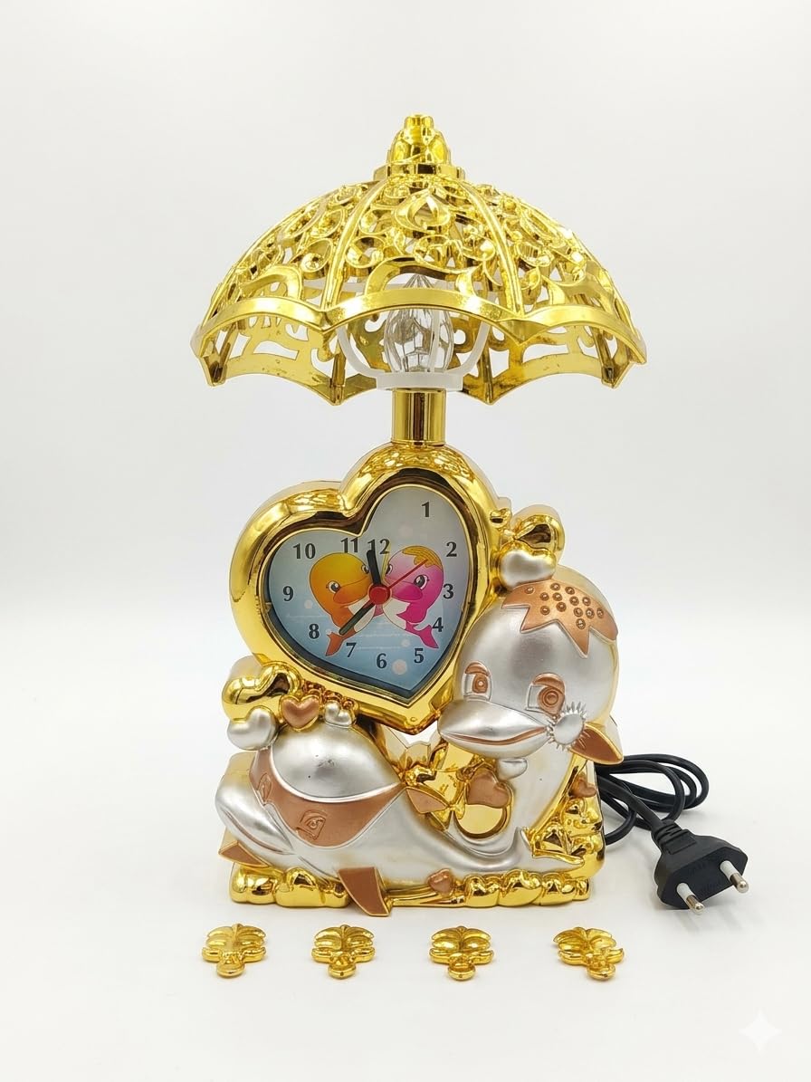 Vintage Table Lamp with Round Clock and Umbrella Shade | Electric Powered, Gold Finish-image-28
