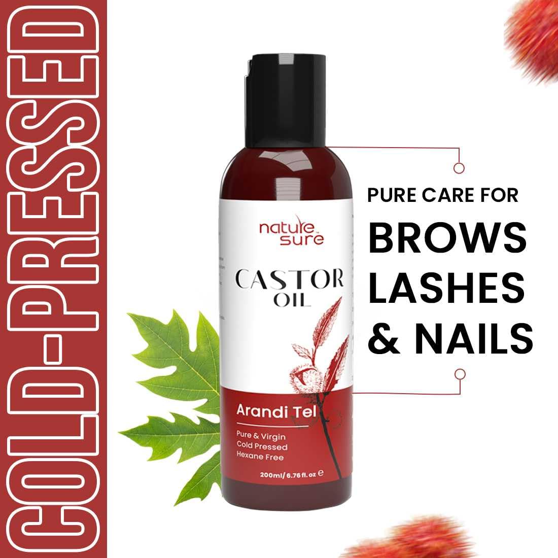 Nature Sure Castor Oil 200ml Arandi Tel for Brows, Lashes and Nails, Virgin Cold-Pressed Hair Oil IP-Grade, Repairs Cracked Heels