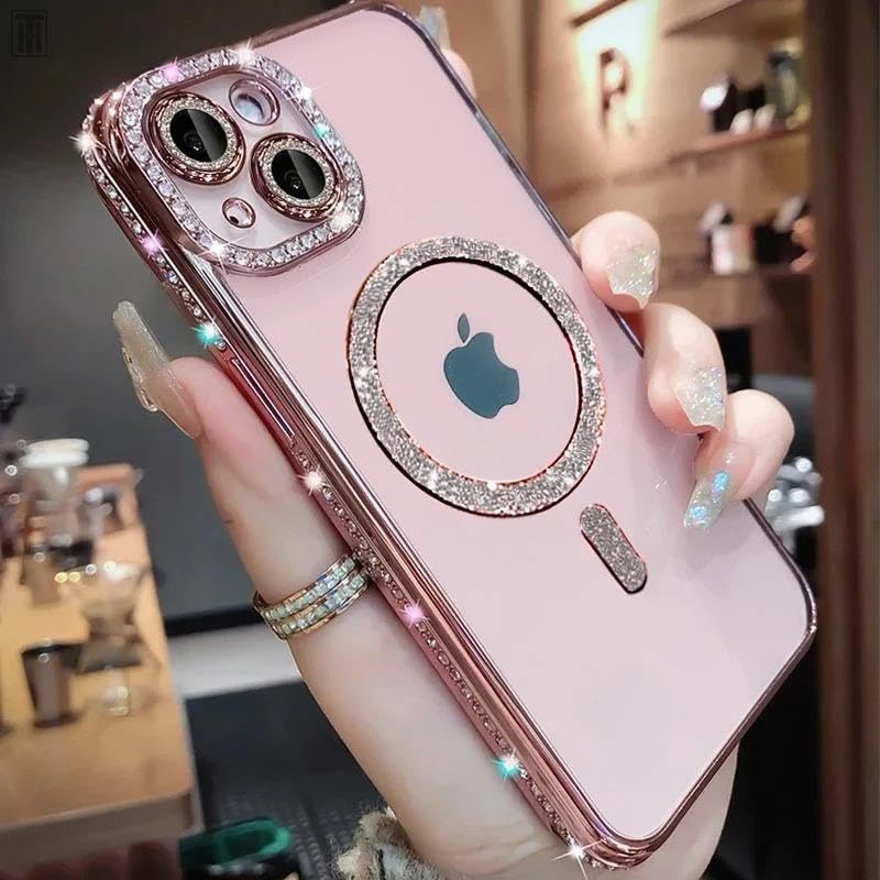 Image of DIZORO Compatible with (iPhone 13 / iPhone 14 Case) Clear Luxury Diamond Glitter Case |Camera Lens Protector with Glitter Ring | Premium Shockproof Glossy Shiny Back Cover Case for Girls Women -Pink