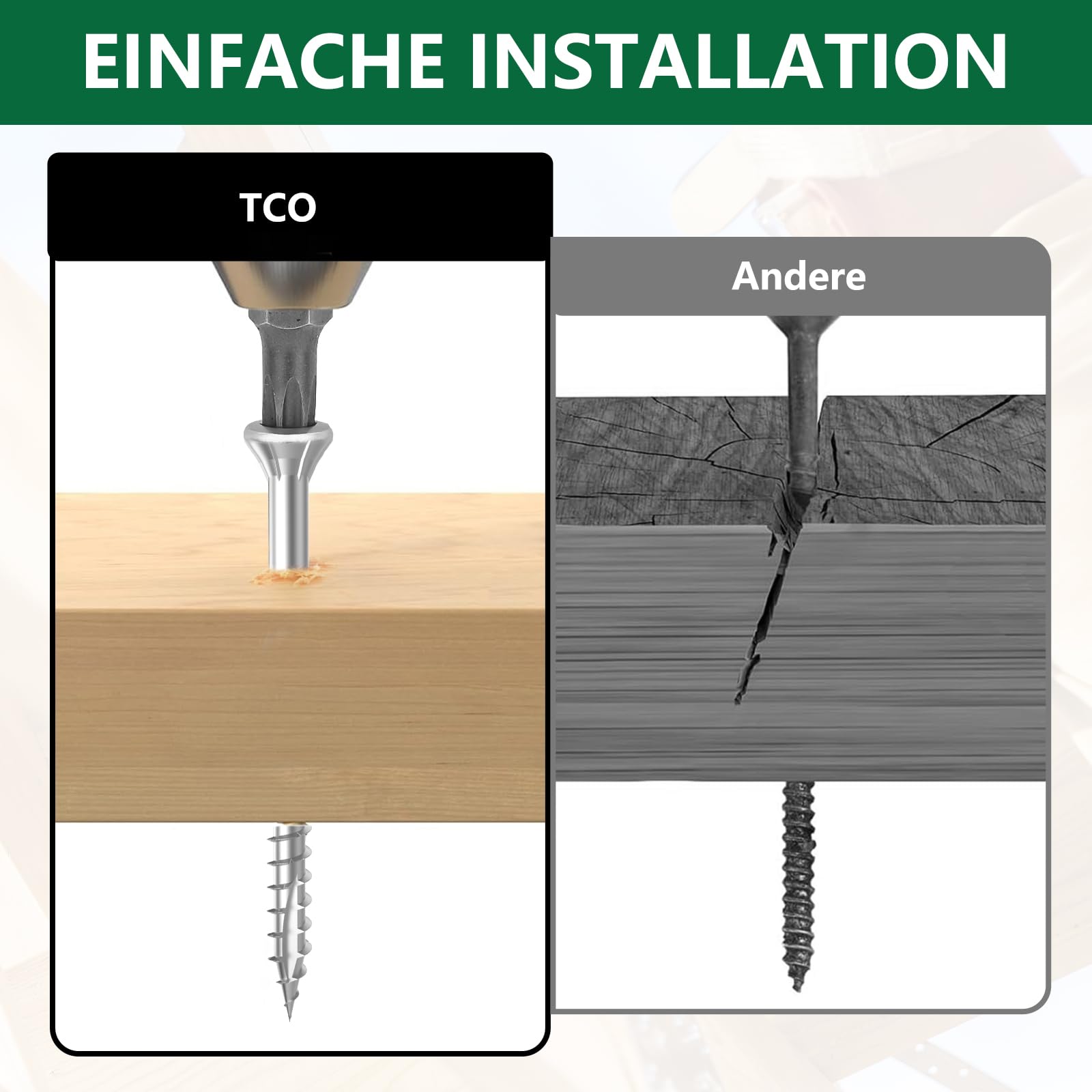 TCO Patio Screws Stainless Steel A2 5 x 60 mm Pack of 200, Wood Screws with Cut Tip, Cutting Notch & T25 Bit - Image 4
