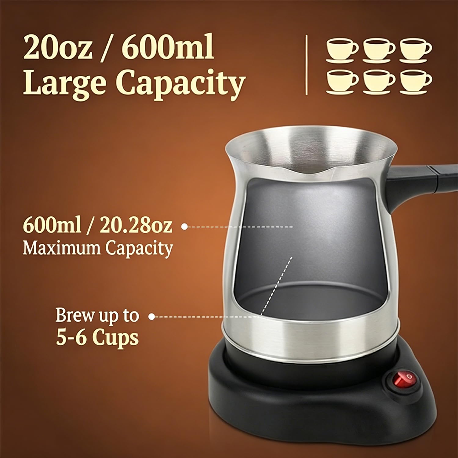 Cafetera turca eléctrica multifuncional para café expreso, tetera, leche y té, 600 W, acero inoxidable, con doble protección, mango ergonómico anti-escaldaduras, para fiestas (Enchufe de la UE)