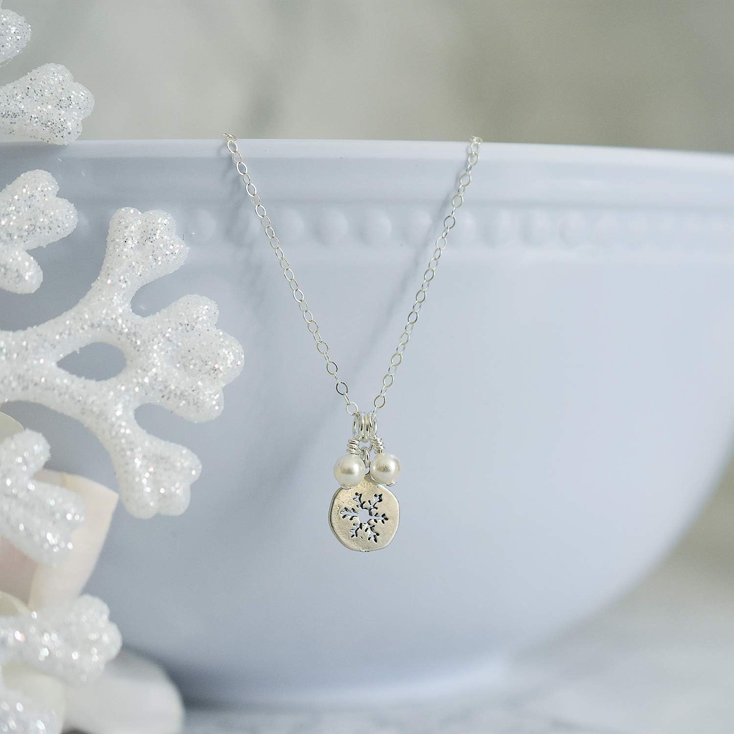 Designed By Stacey Handmade Dainty Snowflake Cutout Pendant, Sterling Silver Necklace, Elegant Jewelry Gifts for Women, Christmas in July Outfit, Winter Wedding, 16 to 18" Adjustable Chain