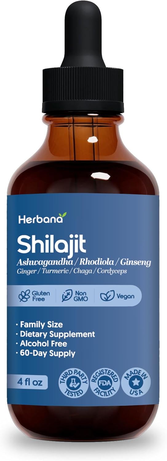 Herbana Shilajit Dietary Supplement with Ashwagandha, Rhodiola, Ginseng, Ginger, Turmeric, Chaga, Cordyceps, Alcohol Free, Vegan, Gluten Free, Non GMO, 4 fl oz, 60-Day Supply