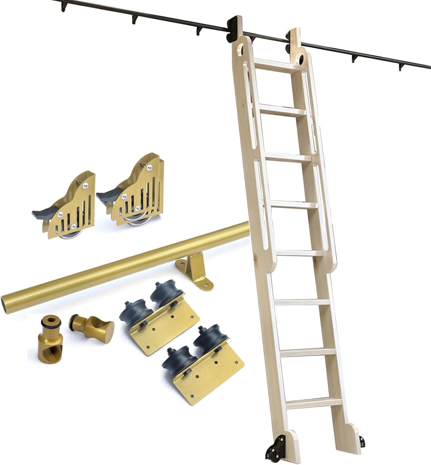 Rolling Ladder Hardware Library Sliding Ladder Track Kit 3.3-24ft Track/Rail, Mobile Ladder Rails Slide Roller System for Loft Office, Full Set Ladder Handware Kit(No Ladder)(12ft/366cm Track kit